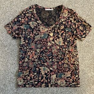 Peruvian Connection Pima Cotton Floral V-Neck Blouse Size Medium